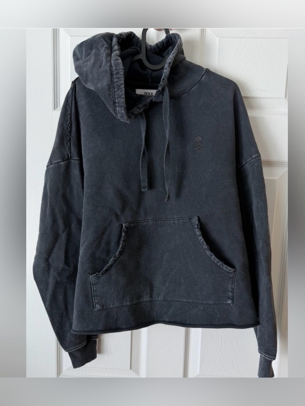 Soulcycle unisex 
Washed Black Hoodie with Skull Detail